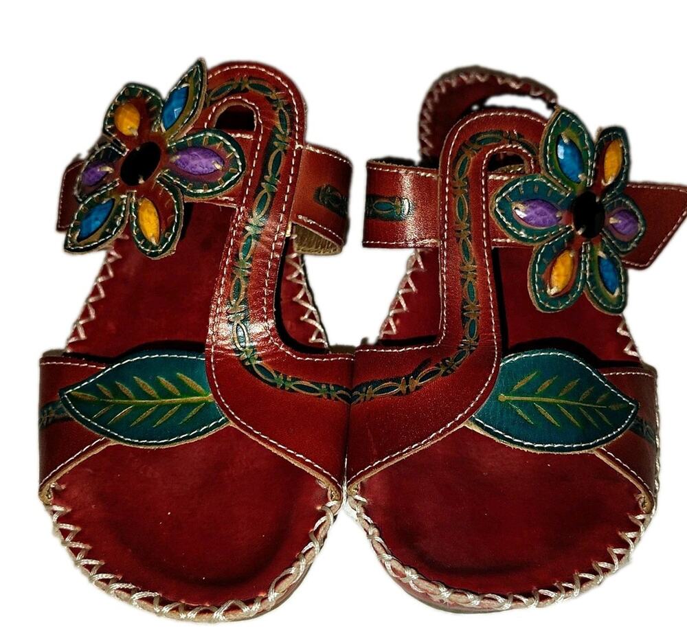 Spring Step Cosima Leather Flower Sandals Red EU 38 US 7.5-8 Slide Wedge Slip On